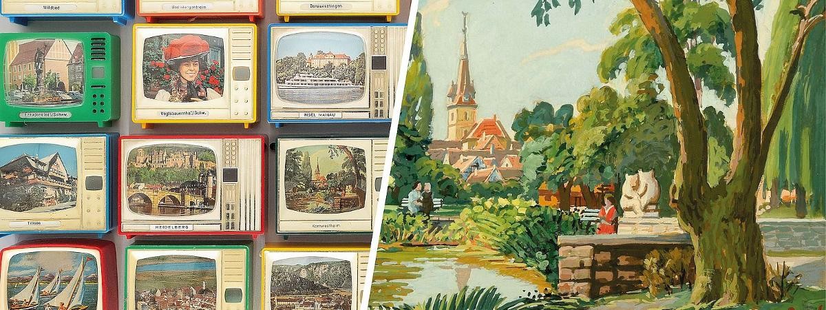 Geteilte Ansicht:  links historische Plastiskope (Souvenirartikel aus Baden-Württemberg, 1950–1970), Kulturgeschichtliche Sammlung;  rechts: Otto Hofer-Bach, Stadtpark Kornwestheim, o. J., Tempera auf Papier, 28,5 × 41,4 cm. Foto: Stadt Kornwestheim.
