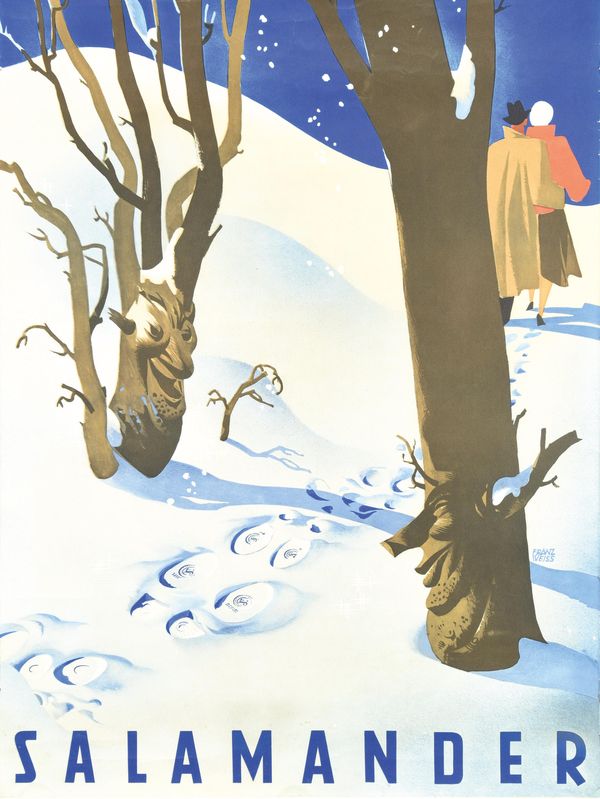 Ein Salamander-Werbeplakat von Franz Weiss. Eine Schneelandschaft mit zwei Bäumen, die lachende Gesichter tragen. Am rechten Rand ein Paar, Arm in Arm.