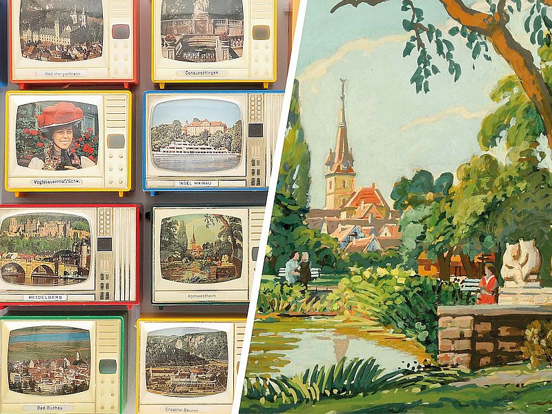 Geteilte Ansicht:  links historische Plastiskope (Souvenirartikel aus Baden-Württemberg, 1950–1970), Kulturgeschichtliche Sammlung;  rechts: Otto Hofer-Bach, Stadtpark Kornwestheim, o. J., Tempera auf Papier, 28,5 × 41,4 cm. Foto: Stadt Kornwestheim.