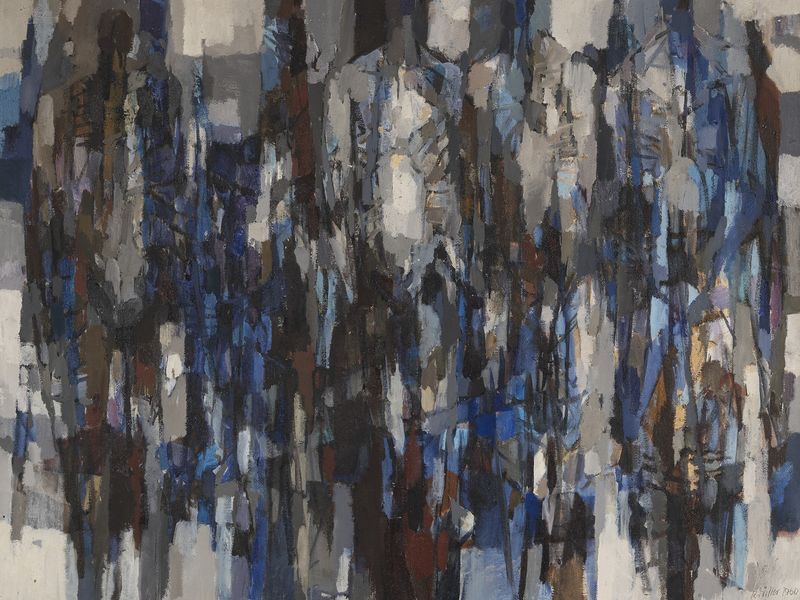 Ein abstraktes Gemälde von Roland Dörfler. Stilisierte Körper durch blaue, braune und weiße Farbflächen.