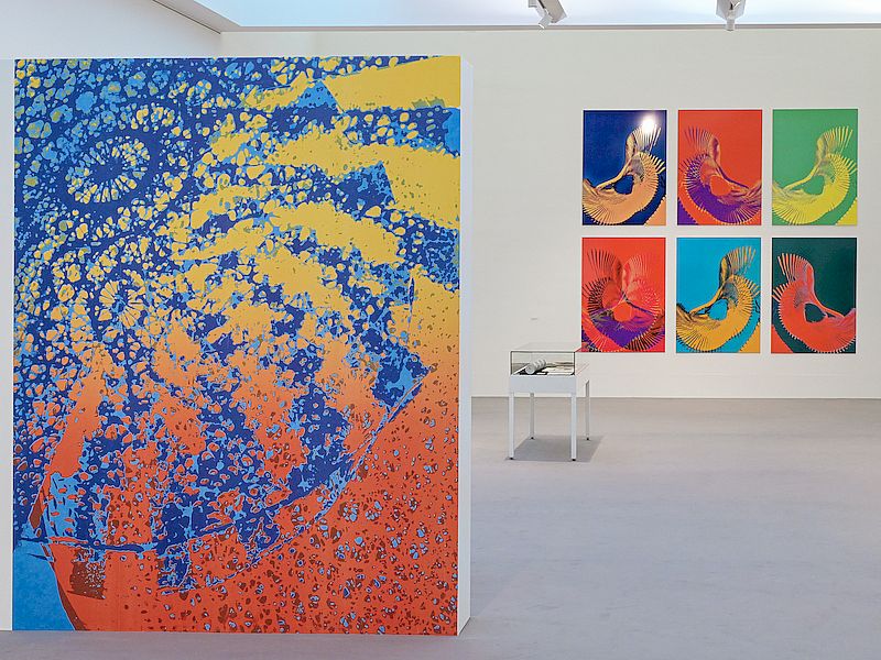 Ausstellungsansicht "Reiner Michelfelder – ars dynografia. Experimentelle Fotografie der 1960er und 1970er Jahre", Foto: Stadt Kornwestheim. Ausstellungsansicht der Ausstellung „Reiner Michelfelder – ars dynografia“ mit einer großformatigen abstrakten Arbeit in Blau, Orange und Gelb im Vordergrund sowie einer Wand mit neun farbintensiven, quadratischen Fotografien im Hintergrund.