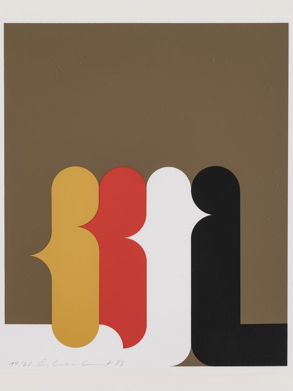 Eine Seriegrafie von Horst Kuhnert. Verschieden farbige Flächen, die sich teils überschneiden.