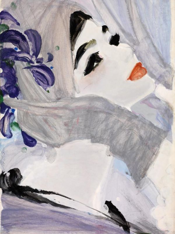 Ein Gemälde von Otto Glaser. Kopf und Schulterpartei eine Frau sind zu sehen. Die Farben sind in Flieder-, Lila und Grautönen gehalten. Ihre dunkle Haare trägt sie unter einem grauen Kopftuch mit lilanem Blumenschmuck