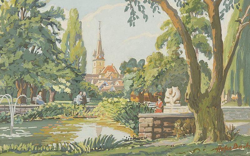 Otto Hofer-Bach, Stadtpark Kornwestheim, um 1940, Tempera auf Papier, 28,5x41,5cm. Foto: Stadt Kornwestheim.