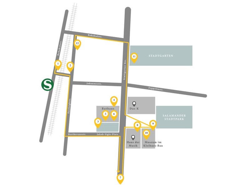 Eine Karte mit einem empfohlenen Rundgang durch Kornwestheim, um die wichtigsten Kunstwerke aus dem öffentlichen Raum zu sehen.
