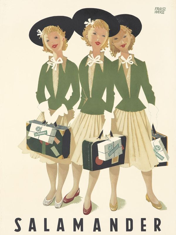 Ein Salamander-Werbeplakat von Franz Weiss. Drei junge Damen in gleicher Kleidung (ein heller Rock, eine grüne Jacke und ein schwarzer Hut), jedoch unterschiedlichen Schuhen. Alle tragen einen grünen Koffer.