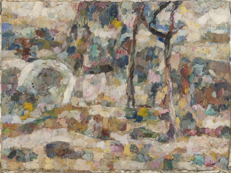Ein Gemälde von Manfred Henninger. Aus verschiedenen Farbtupfern entwickelt sich eine assoziative Landschaft.