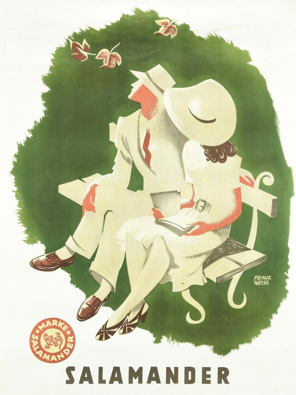 Ein Salamander-Werbeplakat von Franz Weiss. Ein Paar in heller Kleidung sitzt auf einer Bank. Herbstblätter sind am oberen Rand zu sehen.