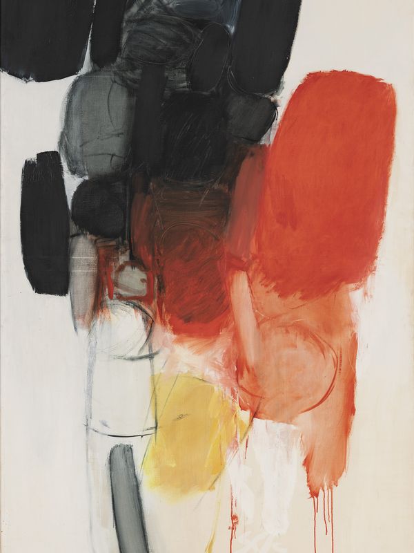 Ein ungegenständliches Gemälde von Günther C. Kirchberger. Verschiedene Farbflächen in rot, schwarz, gelb und weiß.