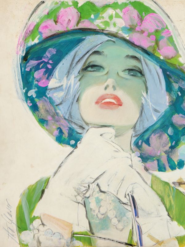 Eine Werbegrafik von Otto Glaser. Eine junge Frau in grüner Kleidung und weißen Handschuhen, die einen grünen Hut mit Blumenmuster trägt.