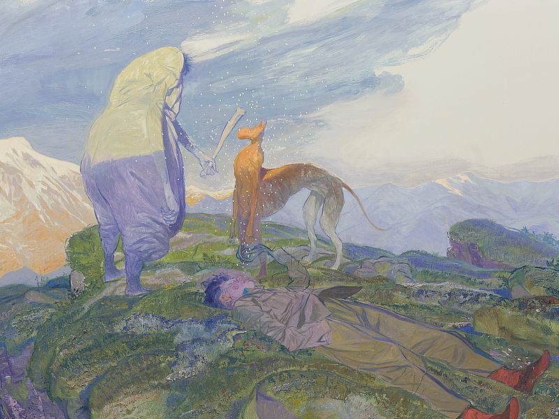Ruprecht von Kaufmann, Die Rast (nach B.), 2020, Öl auf Linoleum auf Holz, 120,5 x 210 cm, Courtesy Ruprecht von Kaufmann und Galerie Fuchs, Stuttgart. Ruprecht von Kaufmann, Die Rast (nach B.), 2020, Öl auf Linoleum auf Holz, 120,5 x 210 cm, Courtesy Ruprecht von Kaufmann und Galerie Fuchs, Stuttgart.