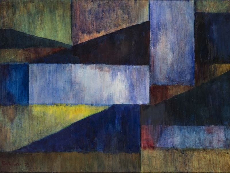 Ein Gemälde von Rasso Rothacker. Das Bild ist in geometrische Formen verschiedener Farben aufgeteilt. Dominant sind verschiedene Blautöne.