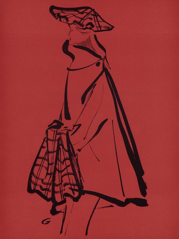Die Skizze einer Frau in einem Glockenmantel von Otto Glaser. Sie trägt einen flachen, weiten Hut und einen Schal oder ein Tuch in den Händen.