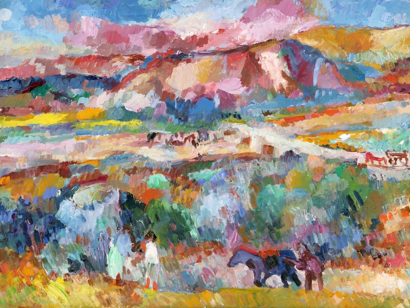 Ein stark farbiges Gemälde von Manfred Henninger. Im Hintergrund rosa und blaue Berge, im Vordergrund gelbe, grüne und blaue Felder mit Arbeitenden und Lasttieren.